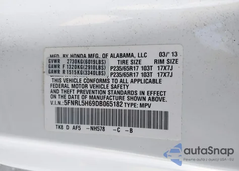 2013 Honda Odyssey Ex-L z USA, uszkodzony, nr VIN 5FNRL5H69DB065182